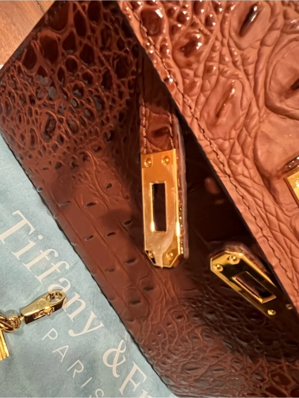 Tiffany & Fred Brown Croc-Embossed Top-Handle Satchel, Gold Hardware, handmade